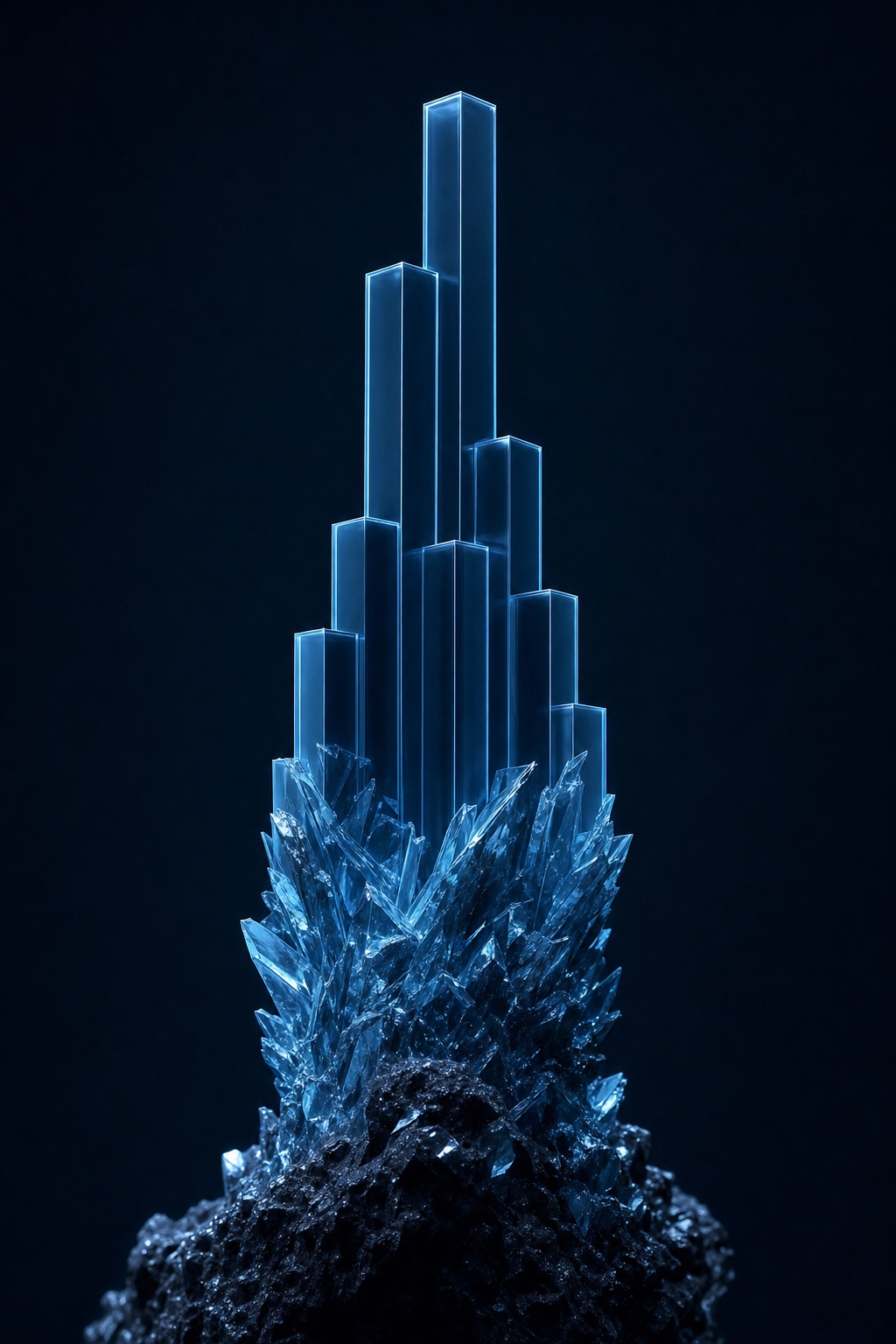 Hand-built infrastructure transforming upward into an orderly grid of luminous blue blocks