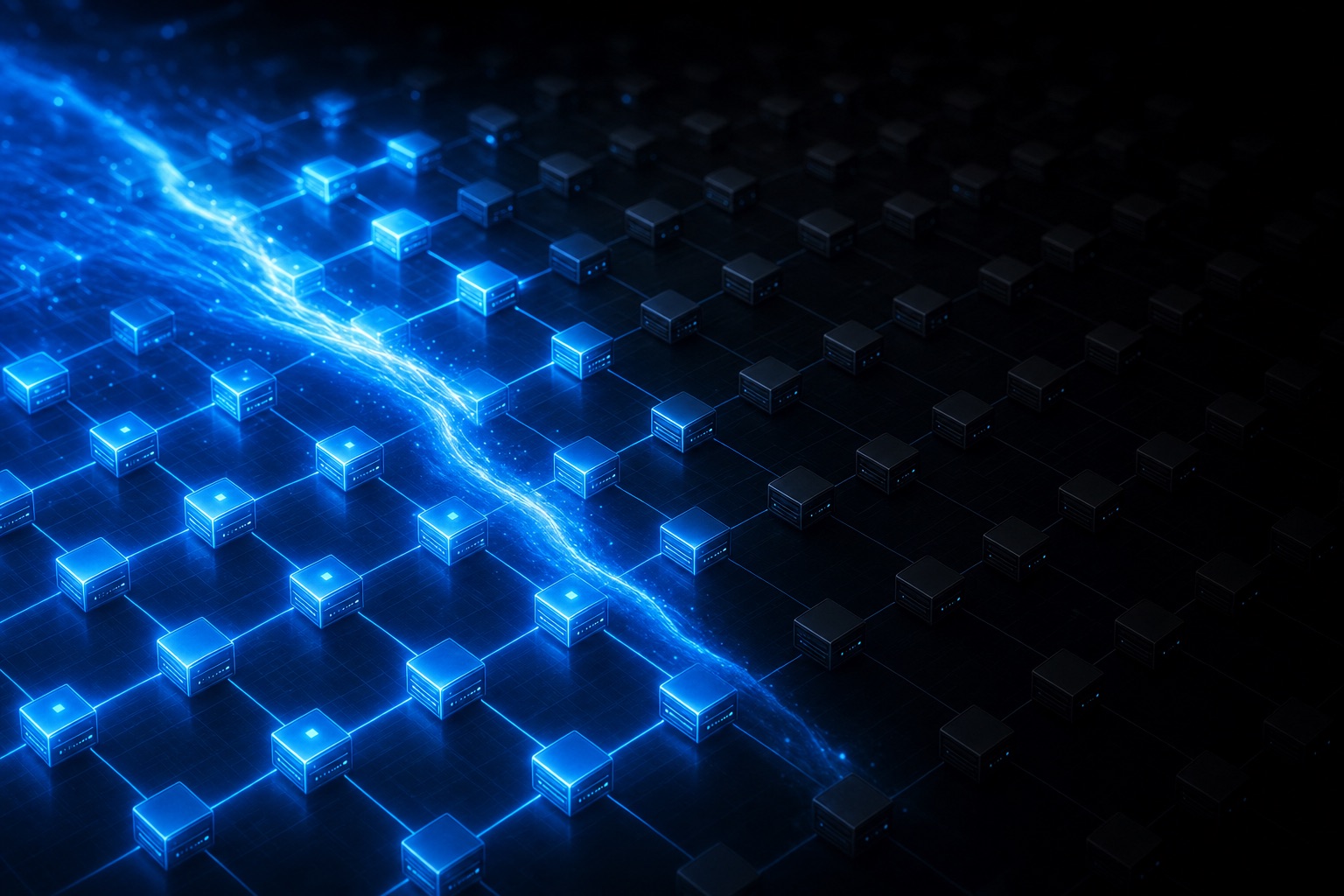 A wave of light re-igniting dark server nodes across a grid.