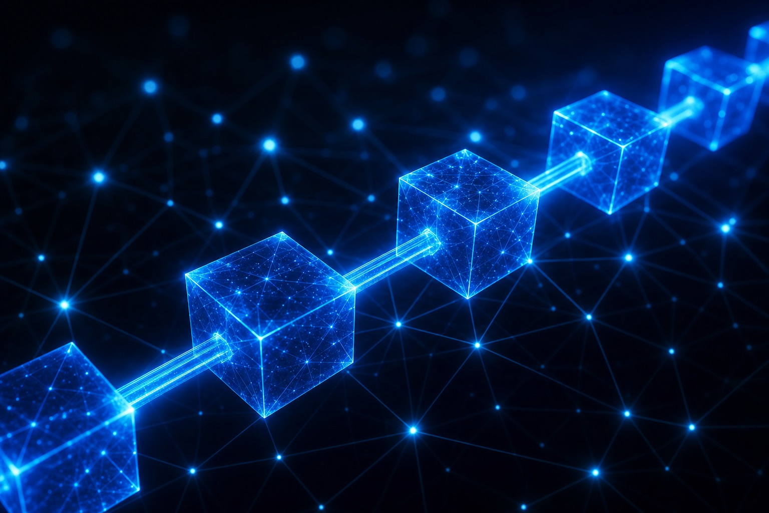 A luminous chain of linked blocks over a constellation of nodes.