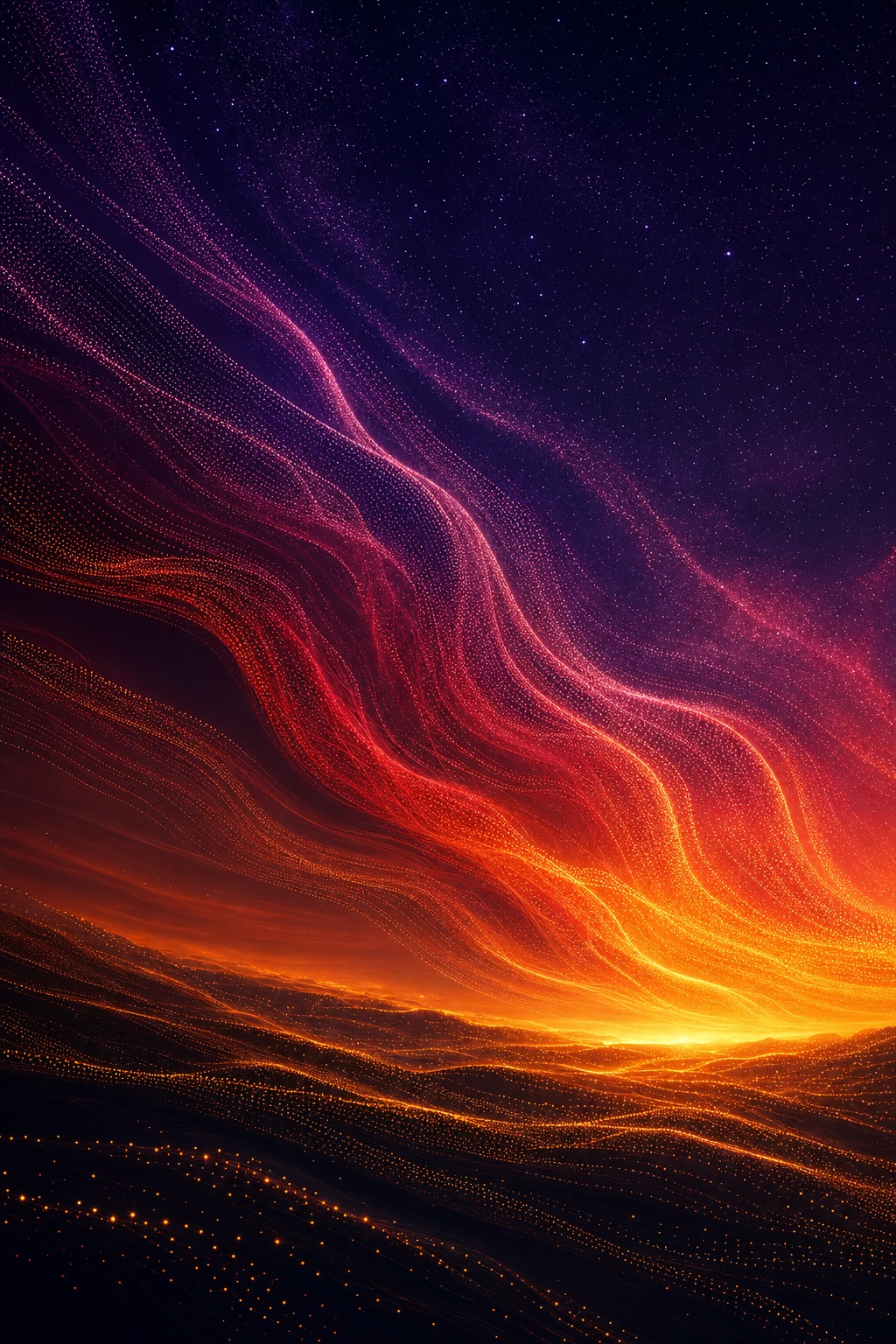Aurora of dotted data streams in sunset colors over a dark horizon