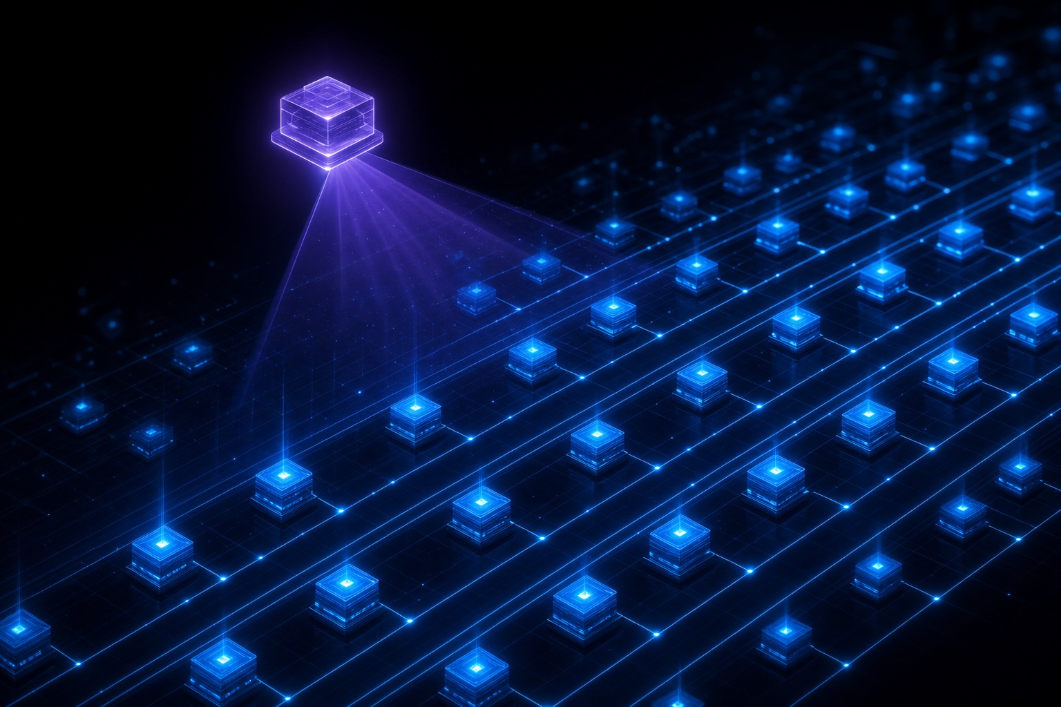 An AI node supervising an orderly field of glowing microservices.